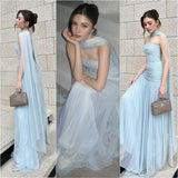 Elegant A line Strapless Light Sky Blue Tulle Prom Dresses Party Dress Summer 22th Birthday Outfits 18th Birthday Dresses HZ1214