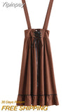 Yipinpay Vintage Long Skirts Women Kawaii Lolita Bandage Bow High Waist Ruffle Patchwork Elegant Midi Suspender Skirt Mori Girl