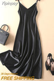 Yipinpay Strap Women Satin Dress Elegant Slim Solid Party Night A Line Long Dress Summer Korean V Neck Female Fashion Vestidos New