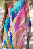 Yipinpay Abstract Print One Shoulder Maxi Dress Women Elegant Oil Painting Asymmetrical Frock 2023 Casual Street Loose Vestidos