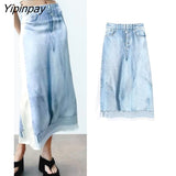 Yipinpay New Thin Skirt Women Summer Fashion Denim Printed Pattern Elastic Female Skirts Big Swing Party Holiday High Waist Skirt