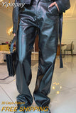Yipinpay Vintage Faux Leather Pants Women High Waist Button Straight-Leg Trousers Streetwear Grunge Punk Style Female Pants