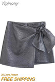 Yipinpay Bow Women's Skort High Waist Bermuda Shorts Woman Fashion 2023 Shiny Baggy Shorts Women Streetwear Sexy Bottom For Women