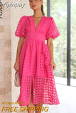 Yipinpay Women Elegant Hollow Out Puff Sleeve Dress 2023 Summer Fashion Chic V-Neck Mesh Midi Frock Party Banquet Trend Ladies Vestido