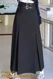 Yipinpay Vintage Belt Long Skirt Women Autumn 90s Aesthetic Streetwear Y2k High Waist Slim A-line Pleated Skirt Korean Style
