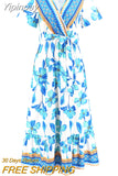 Yipinpay Summer New Large Size Retro Exotic Printed Long Dress Bohemian Seaside Vacation Beach Dress Women