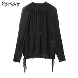 Yipinpay Loose Women Folds Blouses Shirt 2023 Spring Autumn Causal Bow Collar Long Sleeved Thin Tops Oversize Black T-Shirts