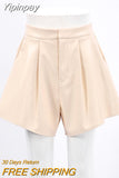 Yipinpay Elegant Beige Faux Leather Shorts Women Wide Leg Short Pants Elegant Flared Shorts High Waist Female PU Shorts 2023