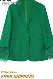 Yipinpay Green Blazer Woman Feather Casual Blazer For Women 2023 Autumn Long Sleeve Office Elegant Womens Jacket Fashion Female Suit