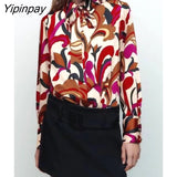 Yipinpay Women Printed Shirt Blouses 2023 Spring Summer Bow Turn Down Collar Long Sleeved Tops Vintage Single Breasted T-Shirts