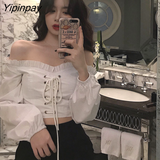 Yipinpay Womens Off Shoulder Top Long Sleeve Ruffle Vintage Blouse with Puff Sleeves Lace Up Ladies Tops Bandage Crop Tops
