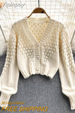 Yipinpay Cardigan Solid Color V Neck Short Sweater Lazy Wild Hollow Out Sweaters for Women Chic Pearl Button Knitted Coat Shirts