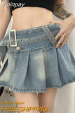 Yipinpay Pleated Denim Mini Skirt Women Vintage Y2k Summer Sexy Slit Belt Patchwork Low Waist Jean Skirt Casual Korean Streetwear