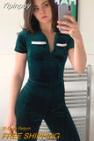 Yipinpay Green Zipper Velvet Jumpsuits For Women Short Sleeve Wide Legs Jumpsuit 2023 Autumn Femme Turn-down Collar Sexy Outfits
