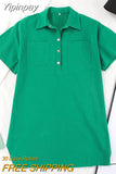Yipinpay Polo Straight Green T-Shirt Dress Half Sleeves Split Casual Loose Dress Summer 2023 Pockets Oversized Dress Ladies