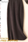 Yipinpay Winter Cashmere Knitted long skirts for women y2k fashion Mid-Length High Waist A-line Skirts Female Wool Bottoms 2023