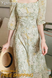 Yipinpay Chic Temperament Slim High Waist Square Collar Floral Chiffon Dress Women Short Sleeve Fashion Vestido De Mujer Sexy