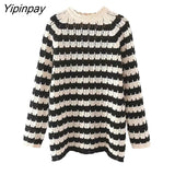 Yipinpay Soft Women Striped Knitted Sweater 2023 Spring Autumn Harajuku Fashion Cropped Hollow Out Tops O-neck Long Sleeve Sweater