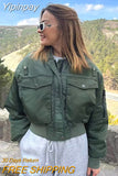 Yipinpay TRAF Fashion Bomber Jackets for Women 2023 Winter Chic Pockets Short Coats Female Stand Front Zipper Coat Ladies Outerwear