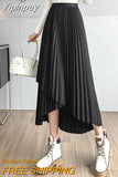 Yipinpay Women's Midi Pleated Skirt Asymmetrical Slim Elastic Waist Vintage Korean A-line Skirts 2023 Fashion Black Chic Skirt