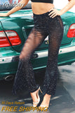 Yipinpay Women Fashion Flare Pants Sequins Mesh Perspective Personality Trousers Spring Summer Wide-Leg Long Pants Skin Friendly