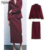 Yipinpay Elegant Women Blazer Skirts Sets 2023 Spring Fashion Female Office Lady Single Button Jackets Mid-Calf A-Line Solid Skirts