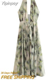 Yipinpay Tie Dye Halter Long Dress Women Summer Sexy Backless Dress Woman 2023 Knot Off Shoulder Sleeveless Midi Party Dresses