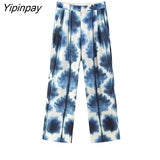 Yipinpay Women Spring Summer Tie-Dyed Thin Blazer Suits Sets 2023 Silk Soft Long Sleeve OL Jacket Wide Leg Print Pants Sets