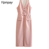 Yipinpay Elegant Women Solid Mid-Calf Dress 2023 Fashion Office Lady V-neck Party Vestidos Sleeveless Back Zipper Dresses Outwear