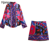 Yipinpay 2023 Summer Women 2PCS Print Blouses+Skirts Set New Turn Down Collar Long Sleeve Tops High Waist Dress Girl Outfits
