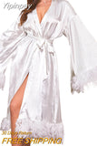 Yipinpay Women Feather Patchwork Trim Bathrobe Nightwear Solid Color Casual Soft Long Sleeve Robe Sleepwear Ladies Loungewear