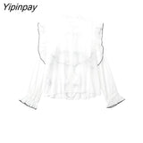 Yipinpay Summer Women Ruffles Blouses Shirt 2023 Thin Solid Single Breasted Office Lady Tops O-neck Flare Long Sleeve T-Shirts