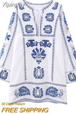 Yipinpay Embroidery Short Dresses For Women 2023 Vintage Boho White Dress Woman Mini Loose Summer Dress Long Sleeve Casual Dresses