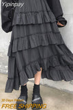 Yipinpay Black Long Skirts Women Gothic High Low Ruched Ruffle High Waist Asymmetrical Midi Skirt Korean Fashion Fairy Grunge