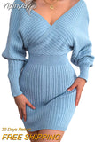 Yipinpay Women Knitted Dress Fall Winter 2023 Chic Elegant Vintage Luxury Designer Sexy Bodycon Long Sleeve Clothes Evening Party Prom