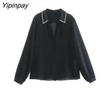Yipinpay 2023 Women Solid Thin Blouses Spring Summer Fashion Turn Down Collar Long Sleeved Tops Vintage Single Breasted T-Shirts