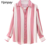 Yipinpay 2023 New Women Thin Striped Blouses Shirt Summer Causal Turn-Down Collar Tops Vintage Single Breasted Loose T-Shirts
