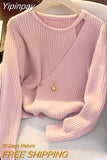 Yipinpay Button Cross Knitted Top Jersey 2023 Shirts for Women Grunge Slim Jumper Pink Sweater Women Clothes Pink Sueters Mujer