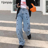 Yipinpay Fashion style Women jeans Vintage Straight Wide leg pants High waist Oversize Loose Long jeans Heart print Casual jean