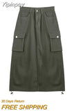Yipinpay Grunge Cargo Skirt Long Women Acubi Fashion High Waist Drawstring Vintage Y2k Pocket Patchwork A-line Skirt Streetwear