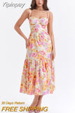 Yipinpay Summer Blue Midi Floral Print Holiday Dress Elegant Spaghetti Strap Full Skirt Go Out Party Dresses Women Dress 2023