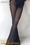 yipinpay Wide Leg Pant Sexy Flare Pants Women Fashion See Through Mesh Pant Sparkly Trousers Summer Solid High Waist Black Pants