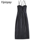 Yipinpay Elegant Autumn Women Faux-leather Dresses 2023 Fashion PU Solid Vestidos With Stitching Sleeveless Backless Pullover Dress