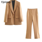Yipinpay New Women Elegant Blazer Suit Sets 2023 Autumn Winter 2Pcs Single Breasted Office Outfits Zipper Long Trousers Outwear