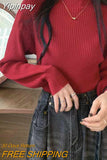 Yipinpay Knitted Sweater Women Harajuku Lantern Sleeve Solid Mock Neck Pullover Autumn Underwear Basic Sweet Jumpers
