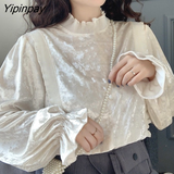 Yipinpay Korean Patchwork Blouses Women Stand Collar Puff Sleeve Long-sleeved Shirt Dropshipping Womens Blouses