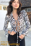 yipinpay Mesh Top Long Sleeve T-Shirt Bandage Crop Top Club Sexy Slim Hollow Out Tee Shirt Fairy Grunge Zebra Print Tops Y2K Clothes