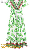 Yipinpay Summer New Large Size Retro Exotic Printed Long Dress Bohemian Seaside Vacation Beach Dress Women
