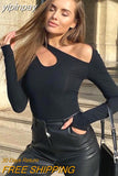 yipinpay Bodysuit Women Skinny Long Sleeve Button Sexy Hollow Out Night Club Y2K Fashion Bodysuit Outfits 2023 One Piece Body Tops