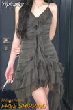 Yipinpay Fairy Grunge Ruffles Mini Dress Women Sexy Gothic V-neck Irregular Patchwork Backless Spaghetti Strap Dress Goblincore